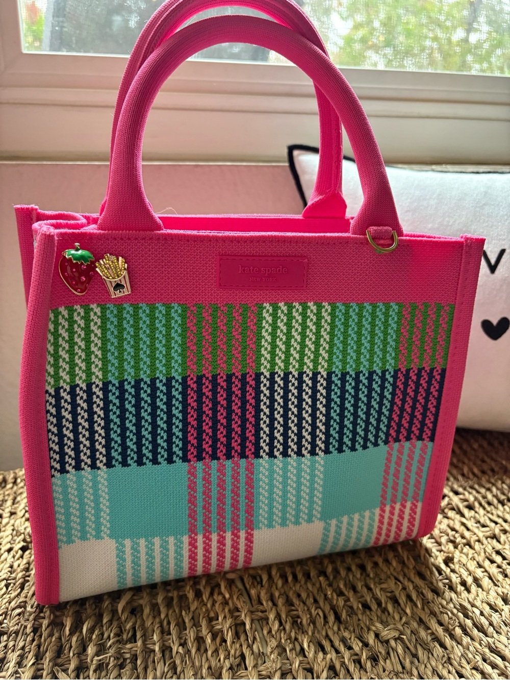kate spade for Target Plaid Canvas Knit Tote with 2 KS brooch pins